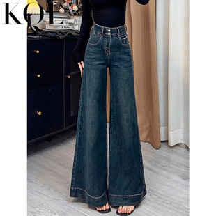 复古阔腿牛仔裤女春季新款宽松显瘦双扣高腰直筒A版大腿裤拖地裤