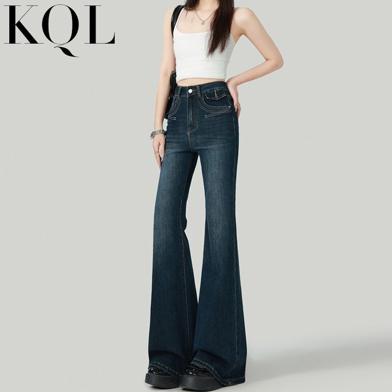 美式复古蓝微喇牛仔裤女秋冬新款高腰修身弹力百搭加长马蹄喇叭裤,女装/女士精品,牛仔裤,淘宝优惠券,粉丝福利购,淘宝优惠卷