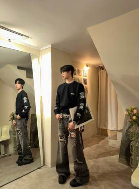 ProMaster2023新款宽松休闲直筒水洗牛仔破洞裤微喇叭设计感潮流