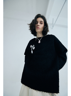 潮牌黑色毛衣男oversize慵懒风情侣款秋装长袖圆领毛衫女上衣外套
