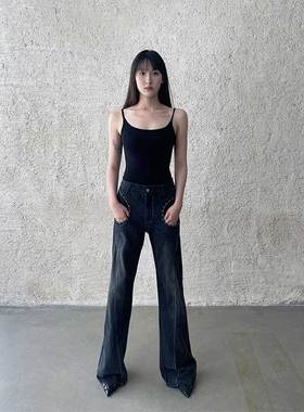 ProMaster原创潮牌宽松直筒阔腿水洗做旧烟灰休闲流行男女牛仔裤