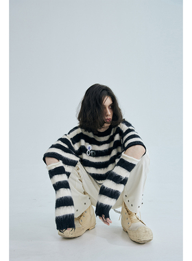 潮牌原创黑白条纹毛衣男2022秋冬情侣款oversize慵懒风毛衫上衣女