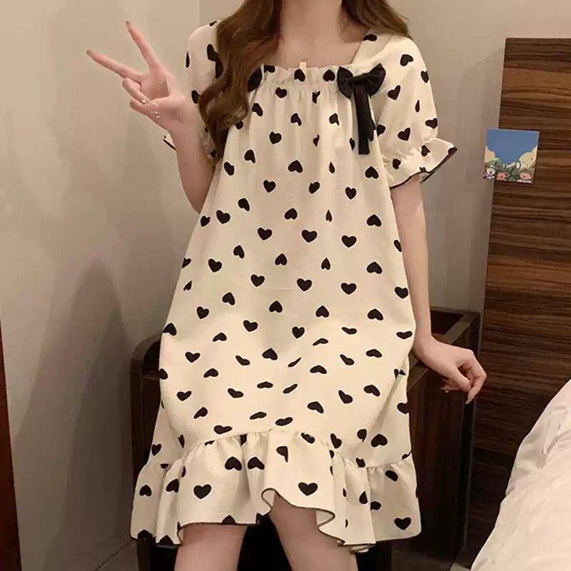 睡裙女自带胸垫短袖薄款宽松学生甜美家居服大码可外穿睡衣少女夏