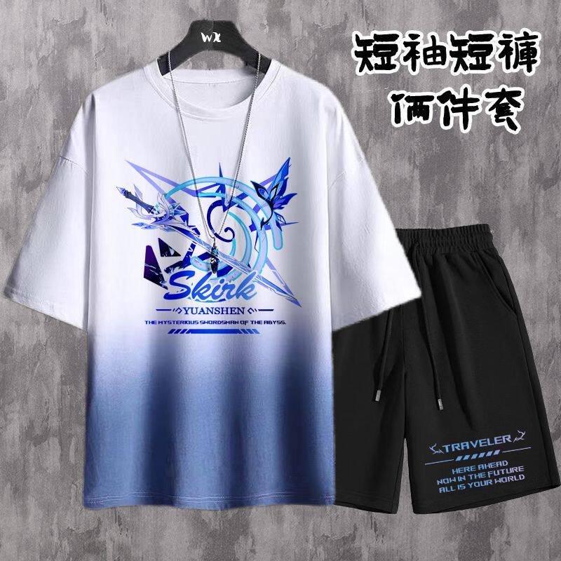 丝柯克芙宁娜短袖套装男学生青少年潮流休闲二次元短袖短裤俩件套