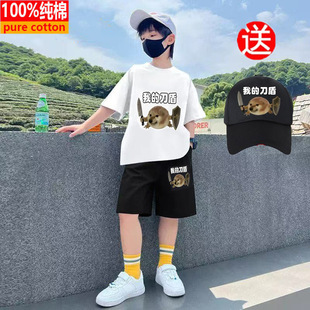 2026我的刀盾狗衣服纯棉短袖t恤柴犬搞笑抽象表情包儿童薄款套装