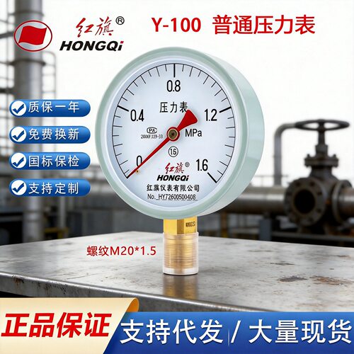 厂家直销红旗牌仪表压力表Y-100 1.6级0-1.6mpa水压油压气压表