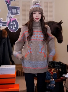 【冬日暖心】秋季小鹿图案提花毛针织衫女MKAD1A184【澳门小源】