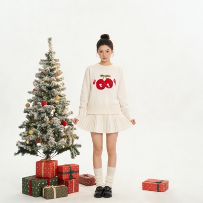 樱桃图案重工亮片女毛衣