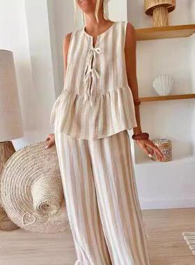 Front tie 2-piece pants set summer