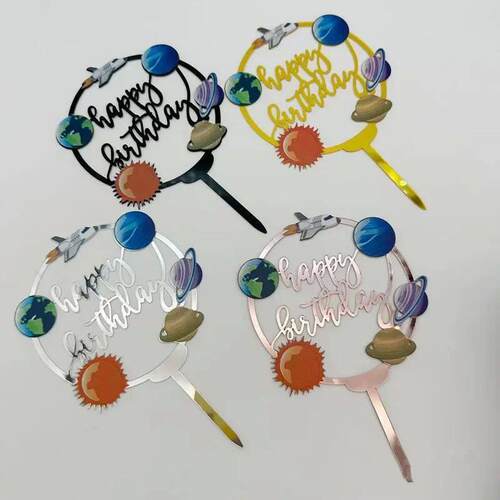 Ins Gold Space Planet Happy Birthday Cake Topper Silver High