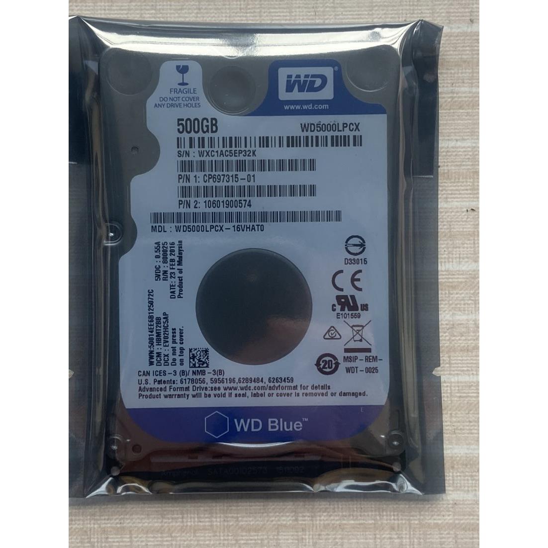 5400转16M蓝盘WD5000LPCX 500G笔记本机械硬盘SATA3 7mm薄盘