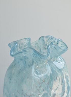 现代简约天蓝色花白水墨花瓶波纹方形插花器手工厚重创意家居装饰