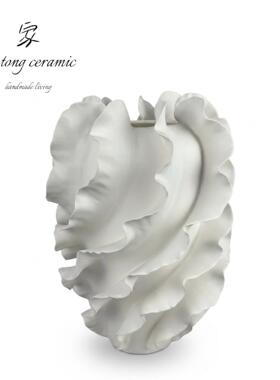简约现艺术白色砖色千层花器摆件样板间客厅玄关波浪纹花装饰