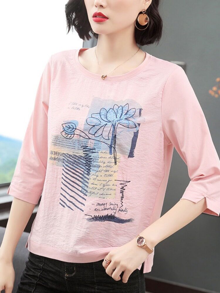 []여름 신작 7부 소매 프린트 티셔츠 여성 에스닉 스타일 탑 루즈한 어머니 바닥 셔츠 트렌디한 디자인