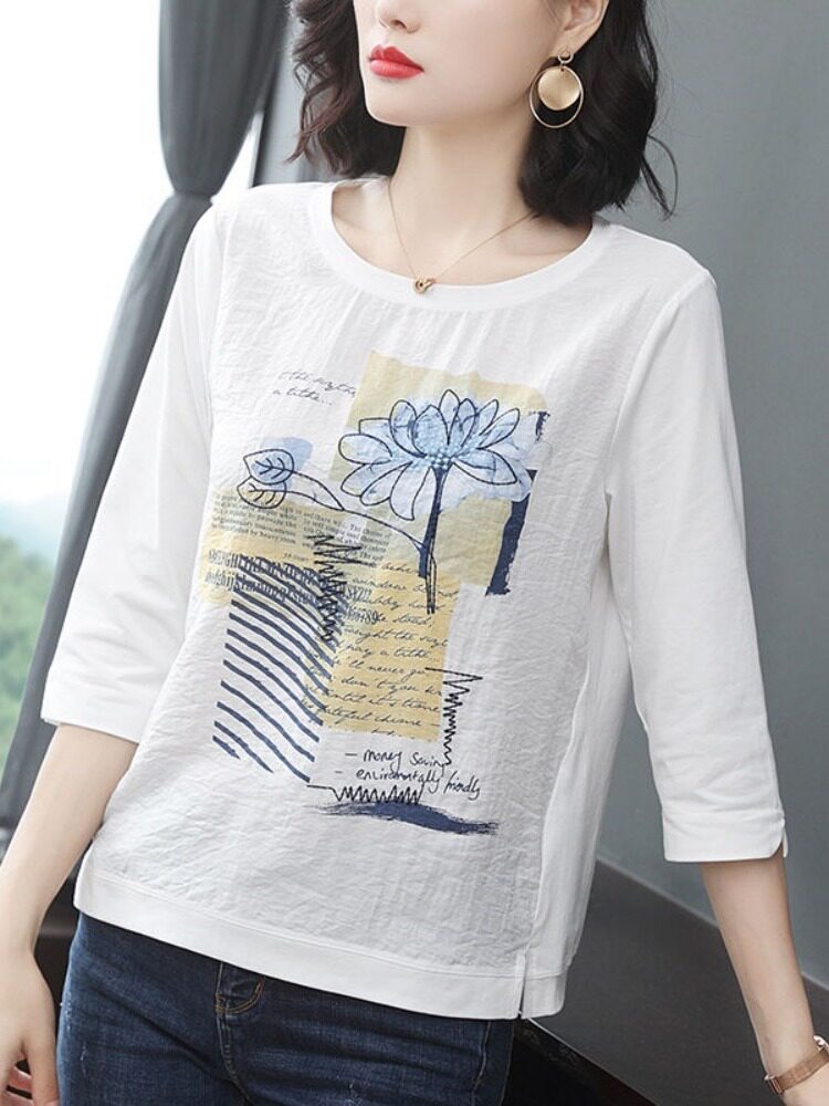 []여름 신작 7부 소매 프린트 티셔츠 여성 에스닉 스타일 탑 루즈한 어머니 바닥 셔츠 트렌디한 디자인