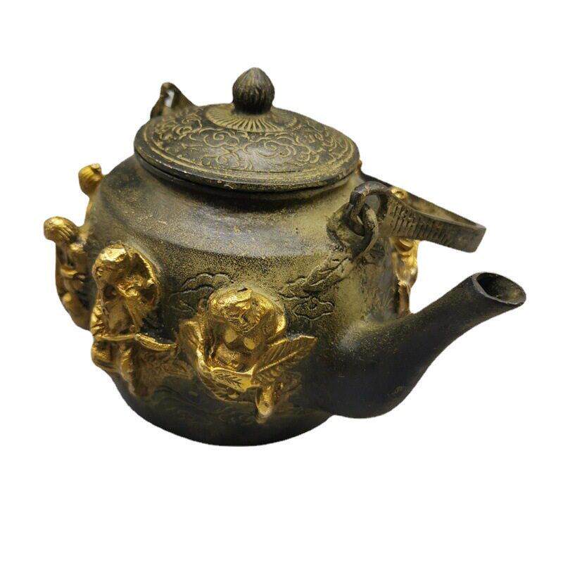 黄铜仿古茶壶酒壶紫铜色鎏金八仙人物茶壶文玩收藏礼品摆件
