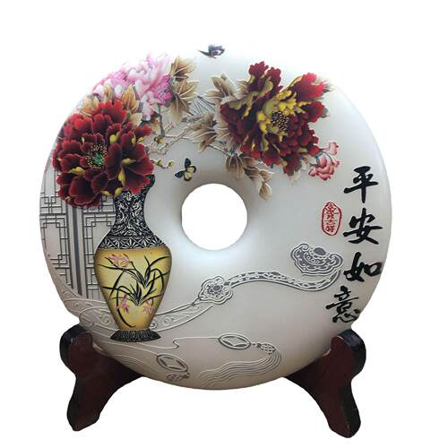 阿富汗平安扣玉石玉扣玉摆件玉璧扣彩雕喷绘创意家居饰品摆件20C