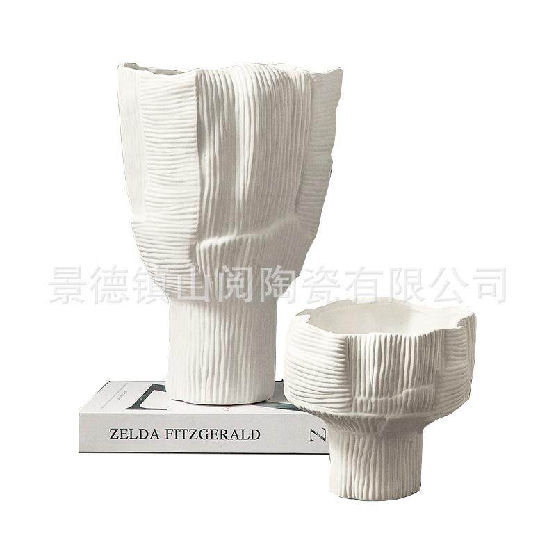 轻奢简约陶瓷家居宴赏玄关客厅白花盆编织纹鼎条纹异形花器大花瓶