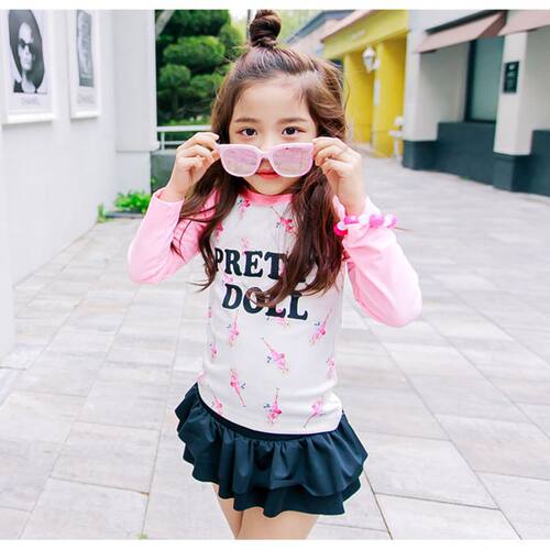 新款 韩国儿童游泳衣女中大小童分体裙式平角学生防晒可爱公主长