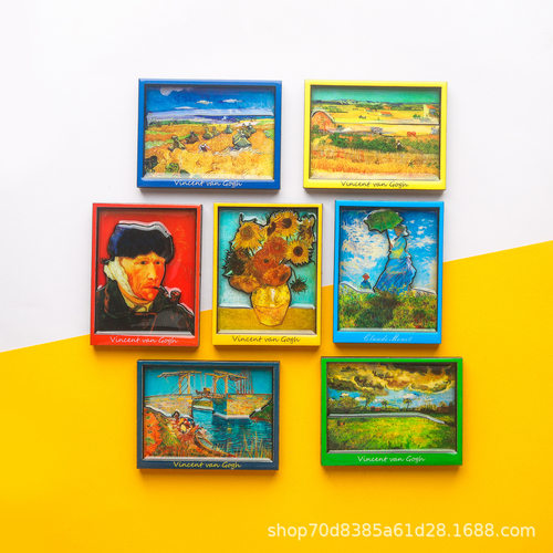 新品 世界名画向日葵星空稻田木制滴胶创意冰箱磁性贴装饰相框厂