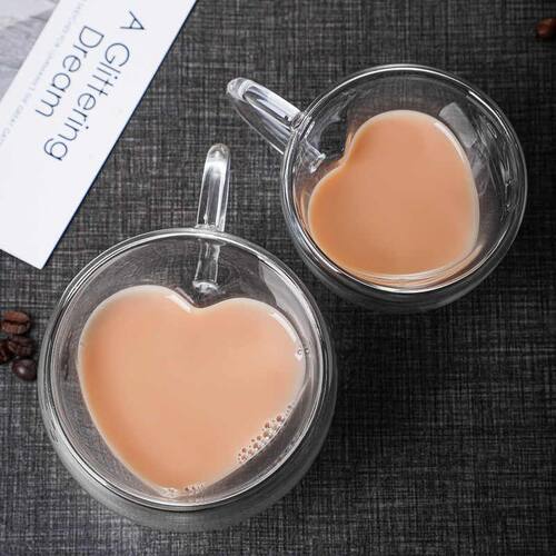 新品创意玻璃杯带把双层杯爱心心形果汁杯 耐热小茶杯隔热带把咖