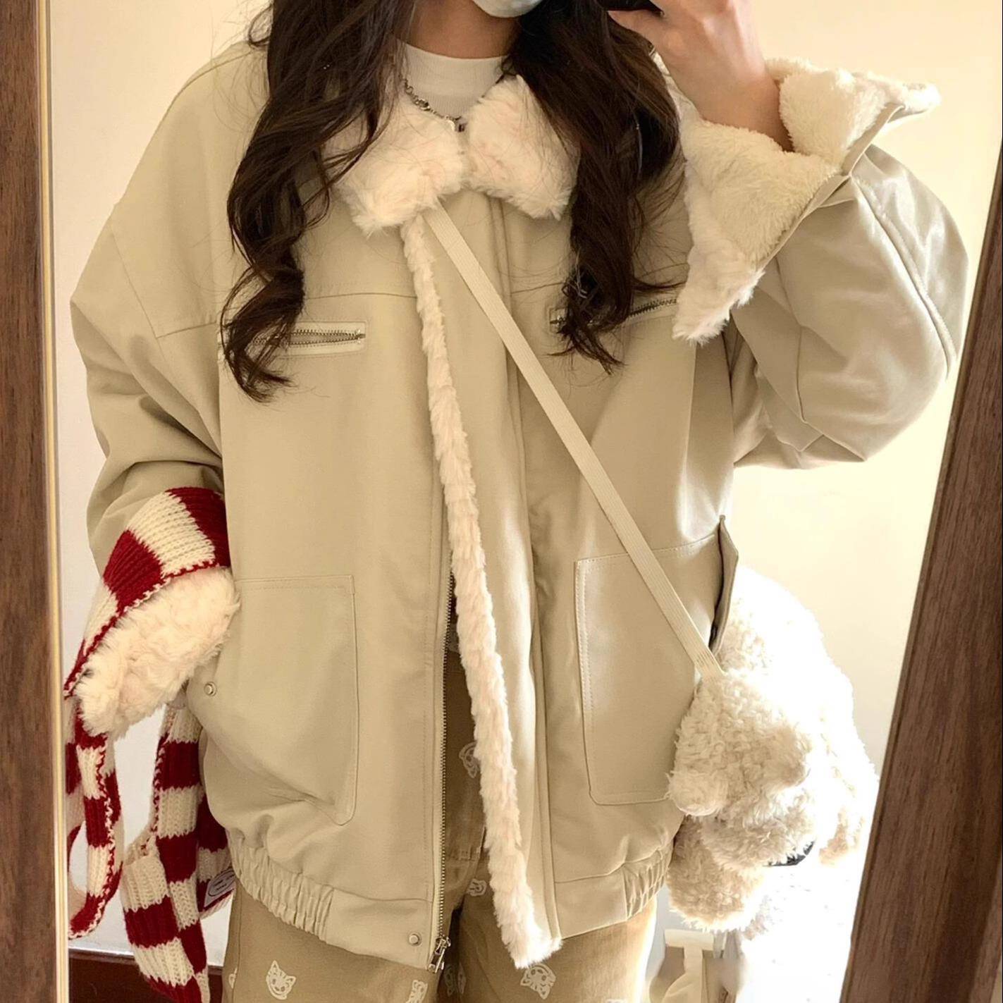 美式翻领羊羔毛夹克棉服女冬季慵懒风加绒加厚韩版情侣款棉衣外套