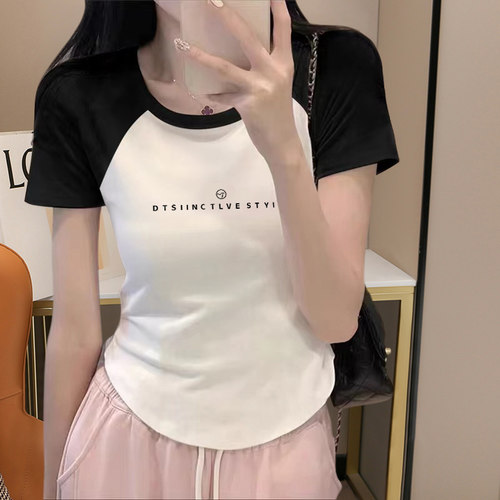 纯棉正肩短袖t恤女撞色插肩袖
