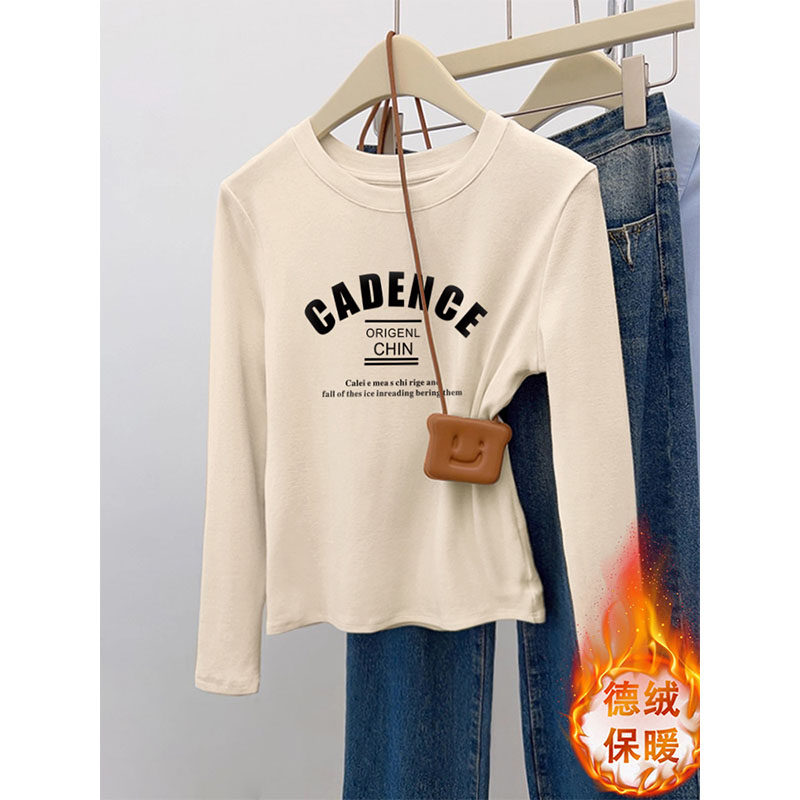 双面德绒打底衫女秋冬新款圆领长袖t恤内搭加厚洋气短款显瘦上衣