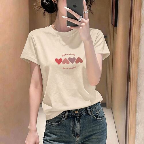 正肩圆领短袖t恤女夏季新款显瘦纯棉打底衫大码宽松时尚减龄上衣