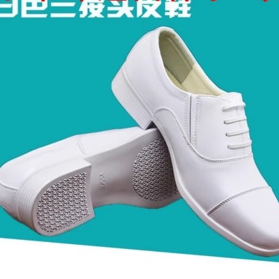 正品三接头白皮鞋男真皮制式白皮鞋海白皮鞋三尖头常服皮鞋婚礼鞋