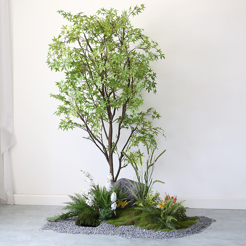 大型仿真树青苔植物景酒店室内花园大树绿植景观墙角假石头造景