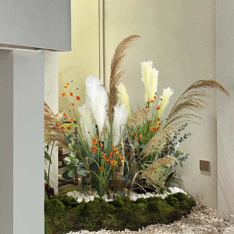大型植物造景室内软装布置绿植芦苇景观样板间展柜楼梯角落假花草