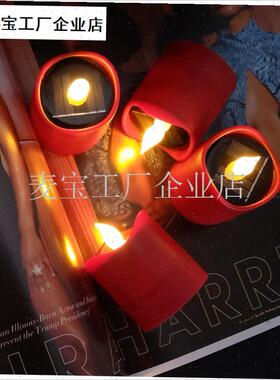 户外太阳能蜡烛红色防水自动新款太阳H能灯室内餐桌圣诞装饰蜡烛\