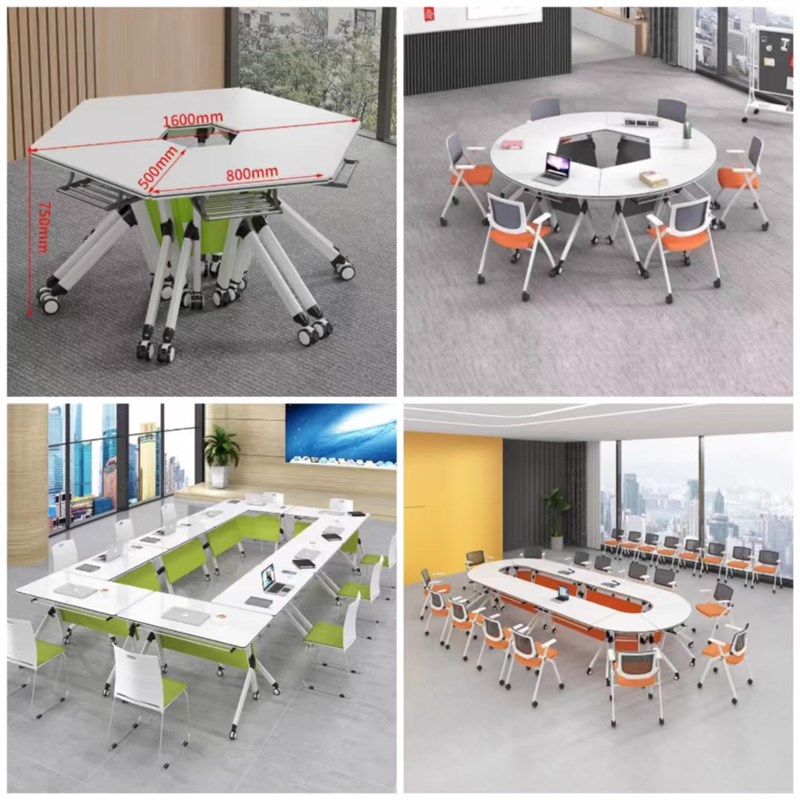 折叠培训桌椅组合移动拼接六边形椭圆长条会议P桌多功能办公桌带