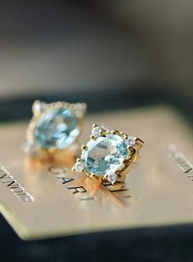 Maple-天然托帕石925纯银耳钉女海蓝宝18K金法式轻奢耳环宝石耳饰