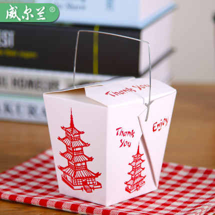 威尔兰白色食品卡纸环保手提红塔意面打包盒手提喜糖盒外卖小吃盒