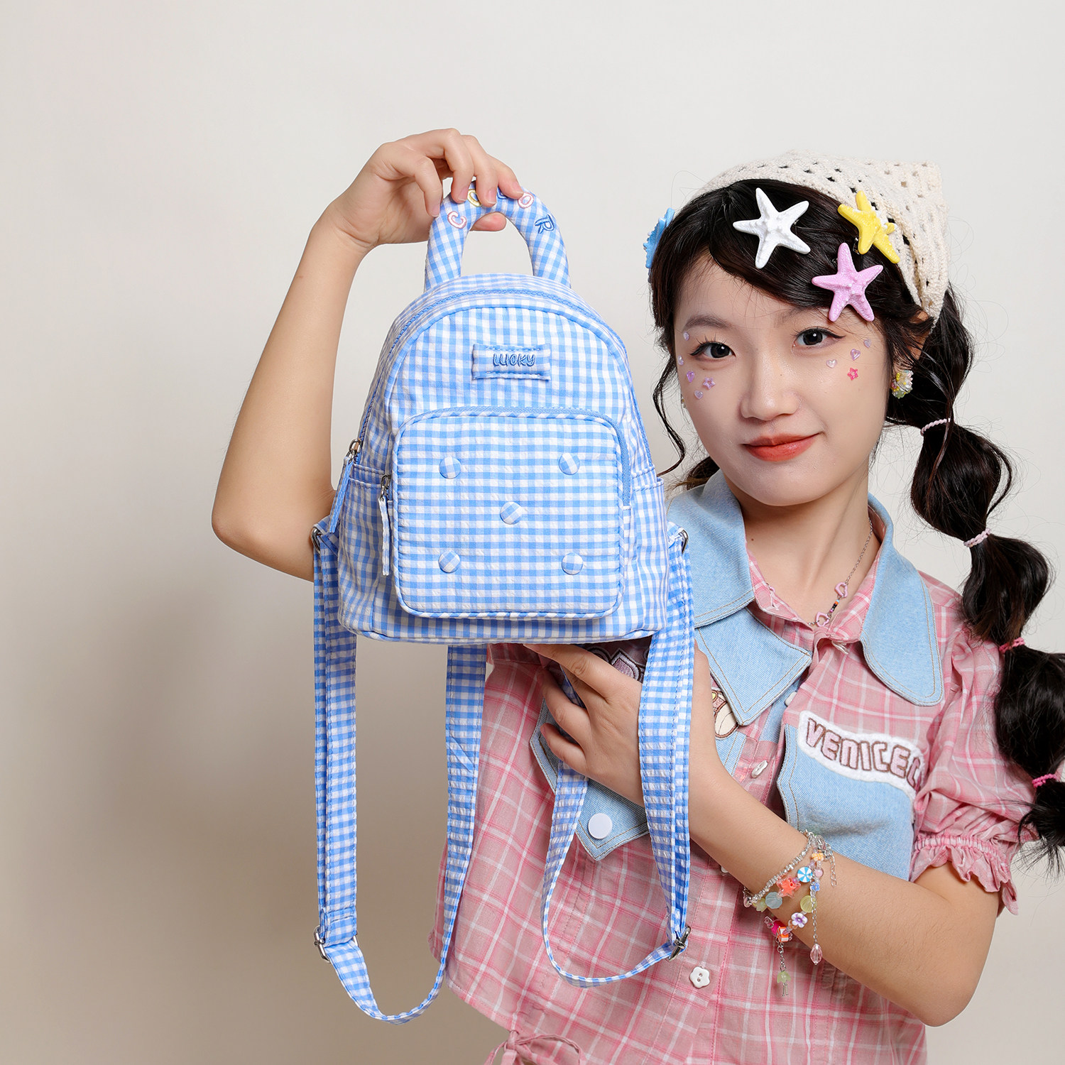EHOOO韩系女款小背包2026夏季单双肩两用包今年流行清新格子书包