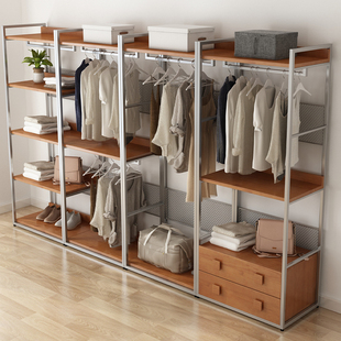 衣帽间家用卧室转角挂衣柜 衣橱开放式 金属衣柜组装 铁艺实木步入式