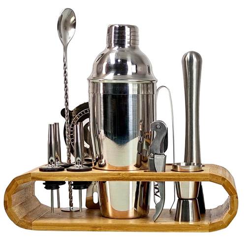 调酒器鸡尾酒摇壶调酒工具套装12件套不锈钢椭圆竹架