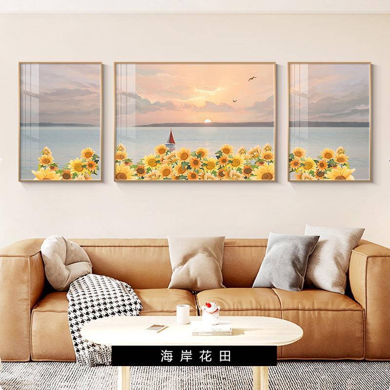 北欧风客厅装饰画唯美花海沙发背景墙挂画现代简约高档三联画壁画