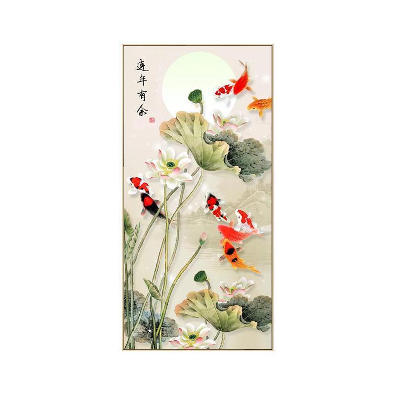 连年有余钻石画满钻玄关竖版点钻十字绣荷花九鱼图钻石绣贴钻画5d