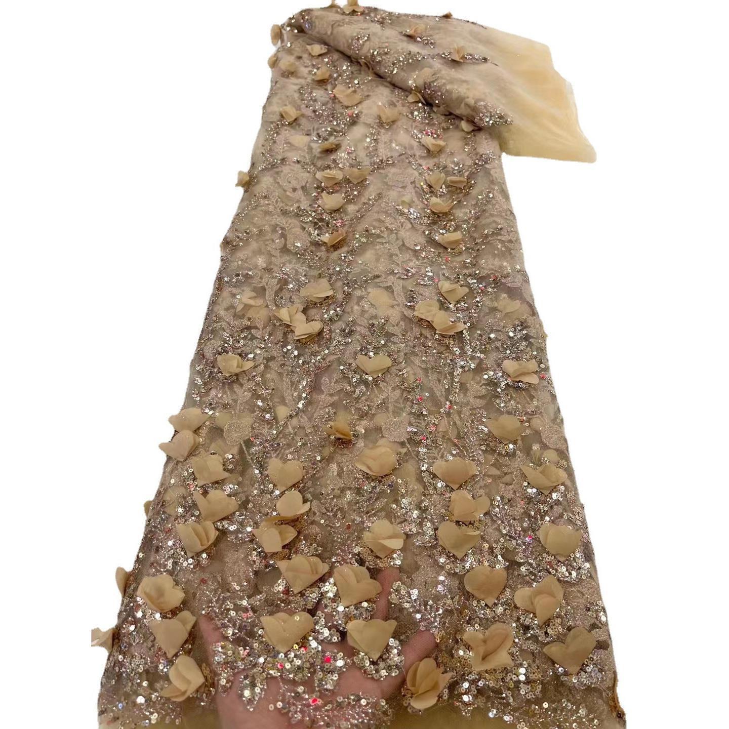 3D立体蕾丝花面料网纱钉花绣花面料立体钉花面料小清新时装面料