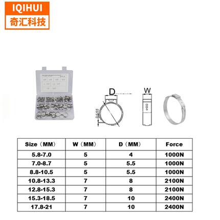 热销-128只盒装7种规格软管连接抱箍不锈钢单耳无极卡箍