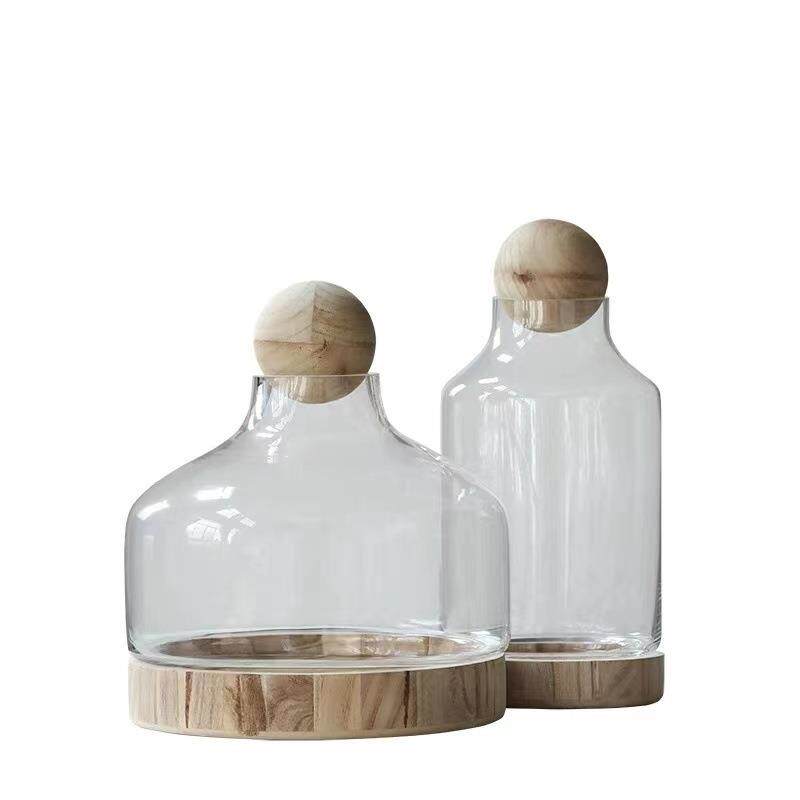 创意美式乡村带木球玻璃储物收纳罐花瓶摆设玻璃工艺品现货混批