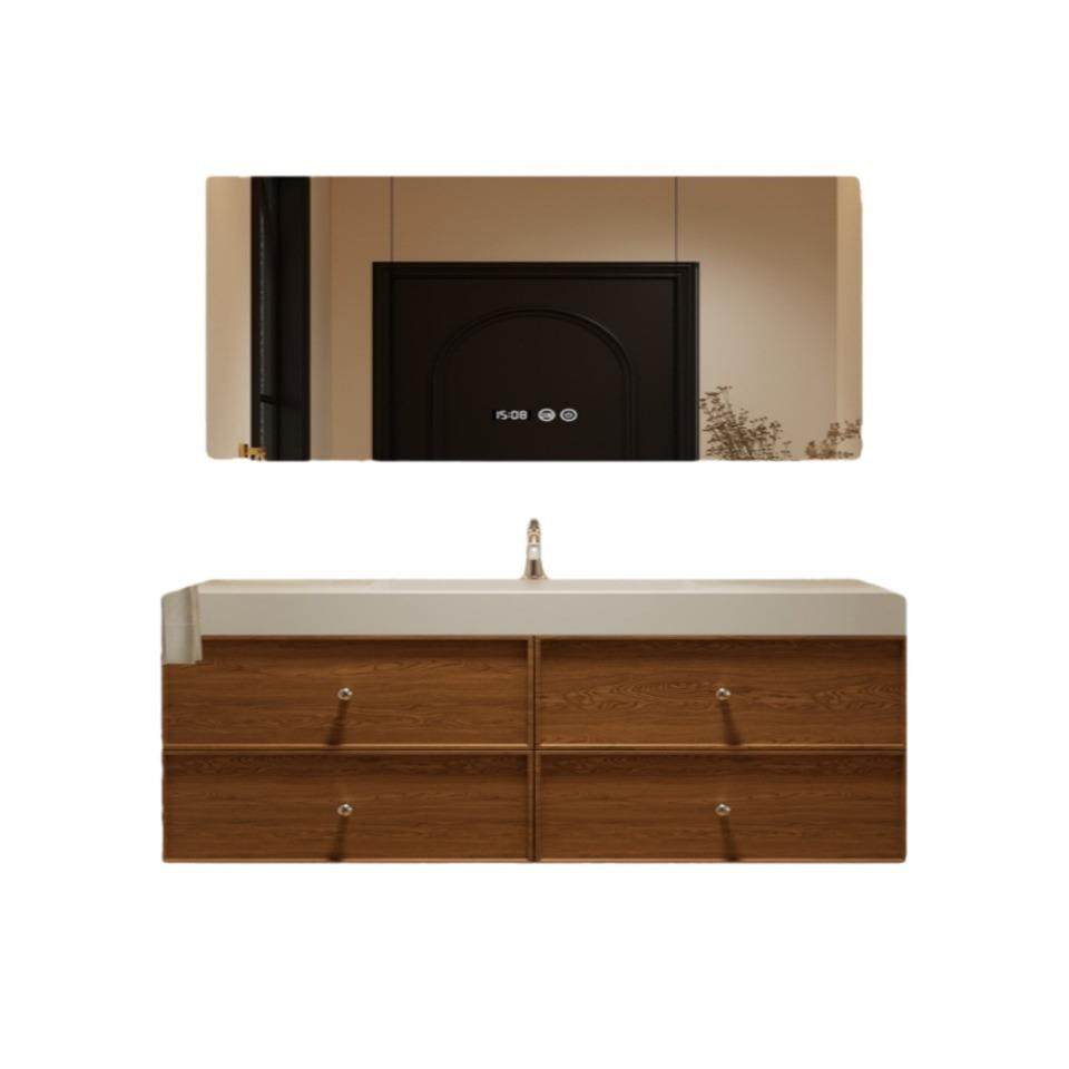 法式中古风实木烤漆浴室柜组合胡桃色卫生间陶瓷一体盆洗手洗漱台