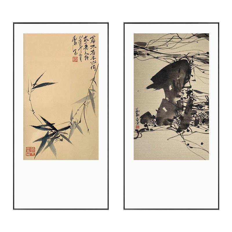 草木新中式茶室雅间壁画水墨竹子国画餐厅卧室玄关原木风装饰画