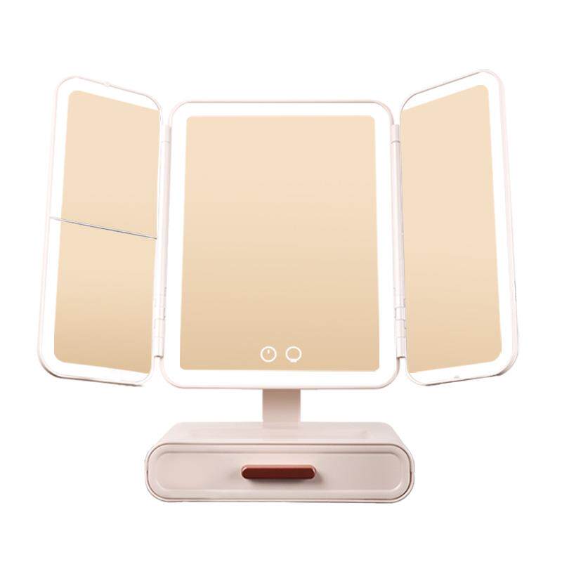 化妆镜led智能带灯台式桌面宿舍折叠便携带抽屉收纳梳妆镜子充电