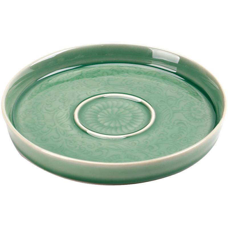 越窑青瓷浮雕缠枝莲壶承干泡台家用陶瓷盖碗茶壶托盘功夫养壶垫