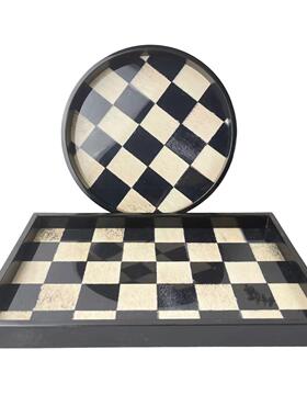 马毛黑白棋盘格钢琴漆香薰蜡烛托盘玄关桌面钥匙收纳盒轻奢高级感