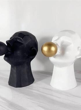 现代简约黑白色抽象人物人头吹泡泡摆件家居样板房酒店玄关装饰品
